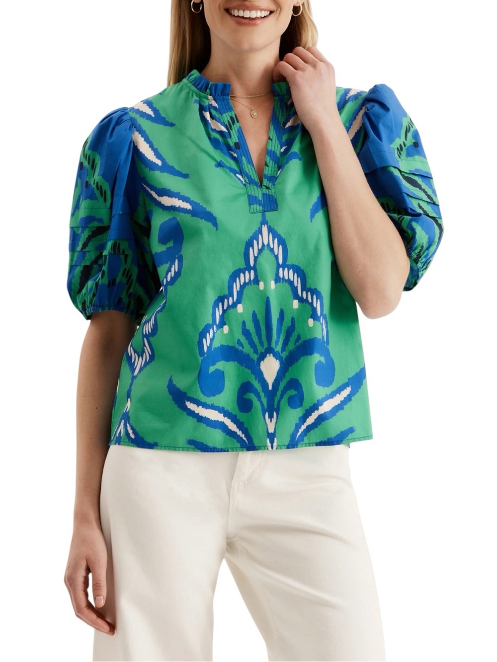 Tyler Boe Jenna Green & Blue Graphic Printed Puff Sleeve Poplin Cotton Top - M